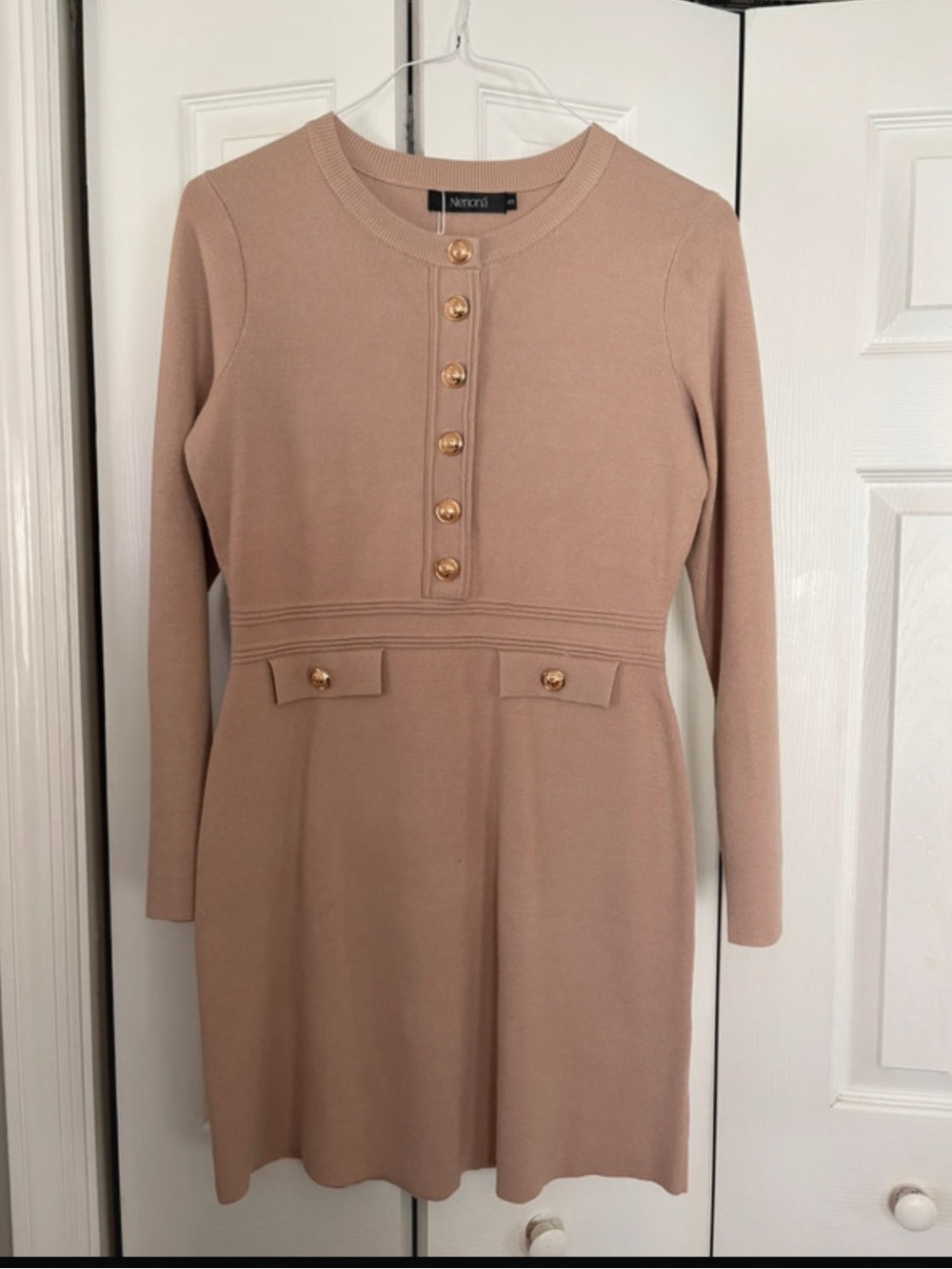 NaNa Beige Long Sleeve Knit Dress with Gold Buttons